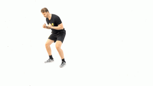 DE PIE-SIN MATERIAL-CARDIO-DESPLAZAMIENTOS LATERALES CON SENTADILLA AL FINAL TOCANDO SUELO